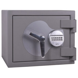 mage of a light grey safe with large hinges, large metallic keypad with black numbers. There is a large boomerang shaped metallic handle. There is a lighter grey area extending from the keypad to the handle.
