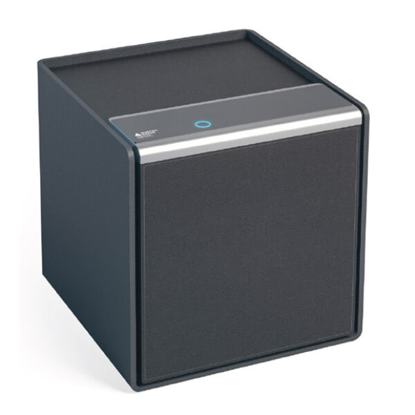 A cubic grey safe with faux-leather coated front. On top of the safe is a circle for fingerprint opening of the safe