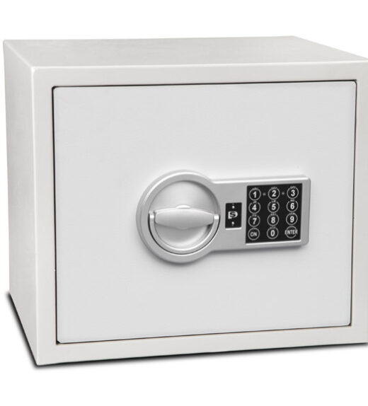 Image of a white safe with a black keypad and white numbers.