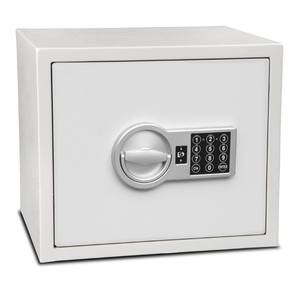 Image of a white safe with a black keypad and white numbers.