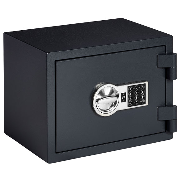 Image of a closed dark grey safe and big hinges. There is a black keypad with white numbers all on top of a silver