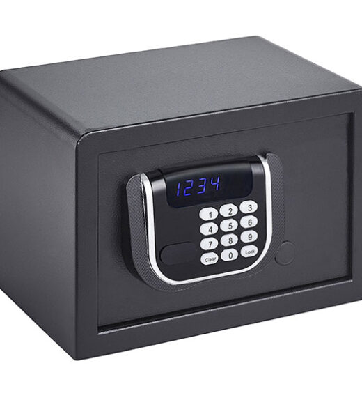 Image of a small safe with buttons on top of which there is a blue numbers display.