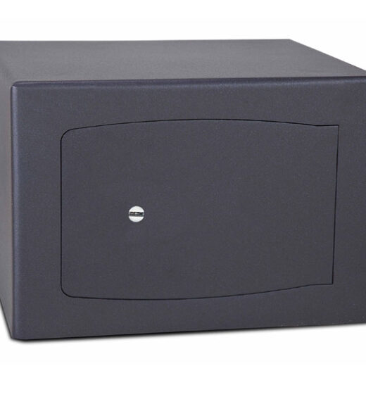 Small, grey safe with a key hole and flush closed door