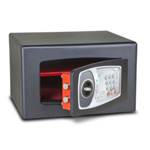 Image of a grey Digital safe with door ajar, revealing a red interior and two bolts in the door