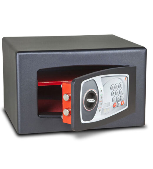 Image of a grey Digital safe with door ajar, revealing a red interior and two bolts in the door